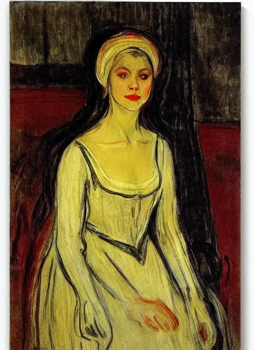 Prompt: portrait of young woman in renaissance dress and renaissance headdress, art by edvard munch