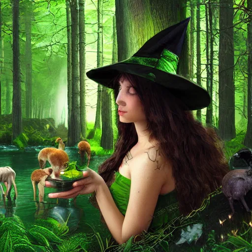 Image similar to A beautiful witch in a green forest, surrounded by different animals, drinking water from a stream, against the background of a shooting star, and a bright supernova, photo realism, 768