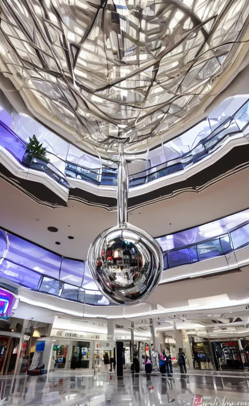 Image similar to photo of a chrome blob in a mallsoft mall, sharp wide shot