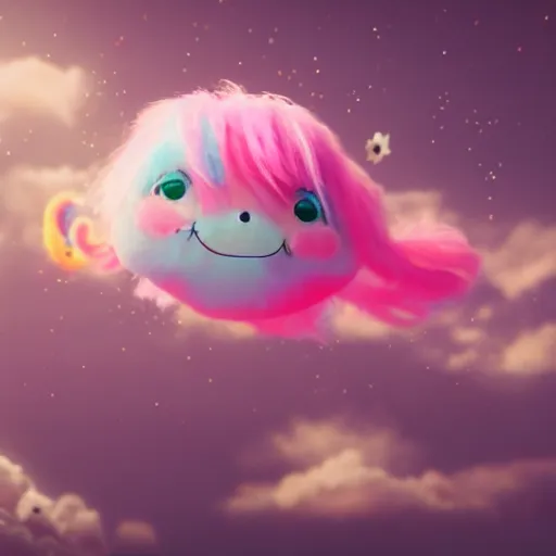 Image similar to cutest huge fantasy cloud animal, with sprouting rainbow hair, hd, japanese anime artist drawn, dlsr, dream animal cute eyes, trending on artstation, cotton candy, octane render, cinematic