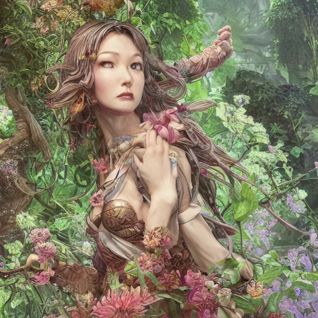 Image similar to the portrait of chaotic good female druid botanist as absurdly beautiful, gorgeous, elegant, young gravure idol, an ultrafine hyperdetailed illustration by kim jung gi, irakli nadar, intricate linework, sharp focus, bright colors, octopath traveler, final fantasy, unreal engine 5 highly rendered, global illumination, radiant light, detailed and intricate environment