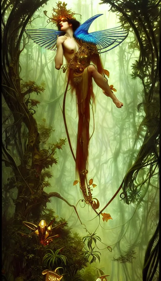 Image similar to consciousness concept art, lush forest, magic, gnarly details, paradise flycatcher, gold, gems, dramatic lighting, denoised, painted by tom bagshaw, alphonse mucha