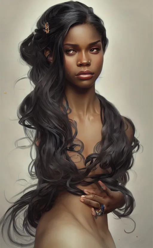 Image similar to a portrait of an attractive young Black female, beautiful long hair, clothed like a femme fatale, intricate, elegant, highly detailed, digital painting, trending on artstation, concept art, smooth, sharp focus, illustration, art by artgerm and greg rutkowski and alphonse mucha