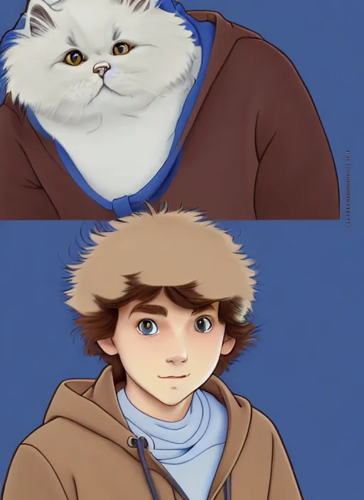 Image similar to teen boy with brown hair and big blue eyes, wearing a hoodie, fluffy white persian cat, natural lighting, path traced, highly detailed, high quality, cartoon, digital painting, by don bluth and ross tran and studio ghibli and alphonse mucha