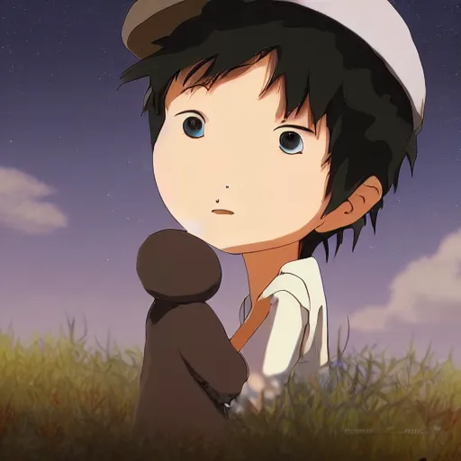 Prompt: friendly guy and small creature , with Fragile looking character portrait face made in Studio Ghibli artstyle ,highly detailed art, beautiful scene, sharp focus, smooth, 8k, anime art, fantasy, style in ghibli anime style, fantasy, mystic