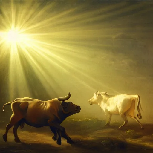 Prompt: keyframeshow of a bull running into the fog with the bright sun beaming behind glowing yellow with rays of light shining across the scene, renaissance painting style