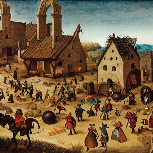 Image similar to adventuring party in eldritch ruins, fantasy, golden hour, in the style of pieter bruegel