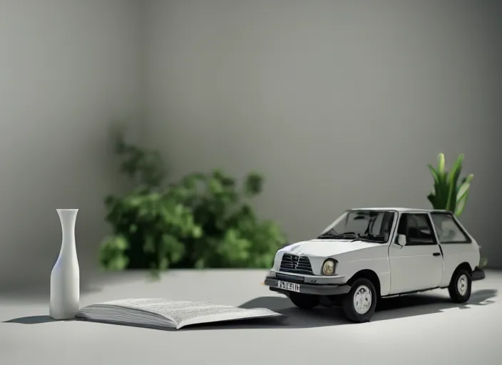 Image similar to a small miniature of a Peugeot 309 on a white table near a book and a vase with a plant, 3d render, octane render, unreal engine 5, path tracing, serene landscape, calm, relaxing, beautiful landscape, highly detailed, high quality, 4k, symmetrical, low contrast