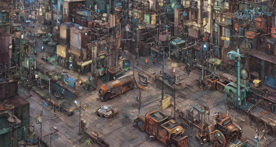 Image similar to a industrial STEAMPUNK CITY Street scenery in the FAVELAS, signs, billboards and cable Connecting MULTI LVL BUILDINGS, rendered by simon stålenhag, rendered by Beeple, Makoto Shinkai, syd meade, environment concept, digital art, starwars, Gundam Style, unreal engine, 3 point perspective, WLOP, trending on artstation, low level, 4K UHD image, octane render,