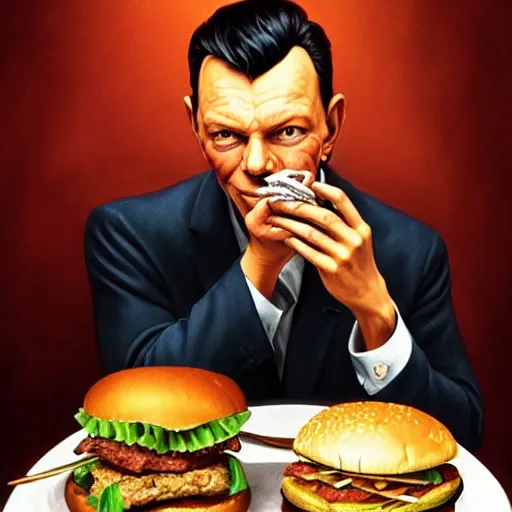 Image similar to portrait of a Frank Sinatra eating a hamburger, extra onions and ketchup, luscious patty with sesame seeds, masculine, handsome, D&D, fantasy, intricate, elegant, highly detailed, digital painting, artstation, concept art, matte, sharp focus, illustration, art by Artgerm and Greg Rutkowski and Alphonse Mucha