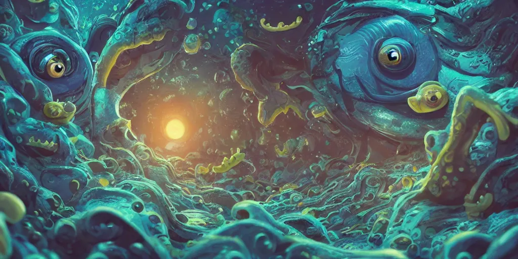 Image similar to of an intricate deep sea with strange cute friendly happy creatures with huge eyes, long tongue, round teeth and goofy funny face, appearing from the background, in the style of gehry and gaudi, macro lens, shallow depth of field, ultra detailed, digital painting, trending artstation, concept art, illustration, cinematic lighting, photorealism, epic, octane render