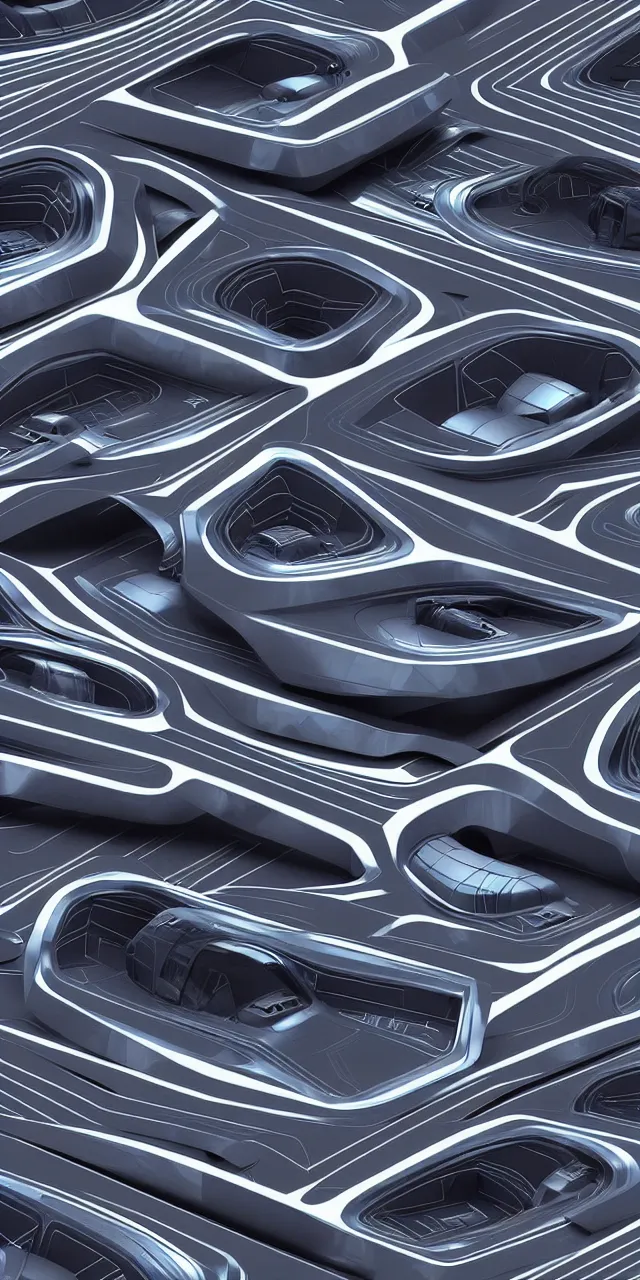 Prompt: A seamless pattern of 3D futuristic sci-fi concept cars by zaha hadid ash thorp khyzyl saleem, karim rashid, 3D, futuristic car, Blade Runner 2049 film, large patterns, Futuristic, Symmetric, keyshot product render, plastic ceramic material, shiny gloss water reflections, High Contrast, metallic polished surfaces, seamless pattern, white , grey, black and aqua colors, Octane render in Maya and houdini, vray, ultra high detail ultra realism, unreal engine, 4k in plastic dark tilt shift