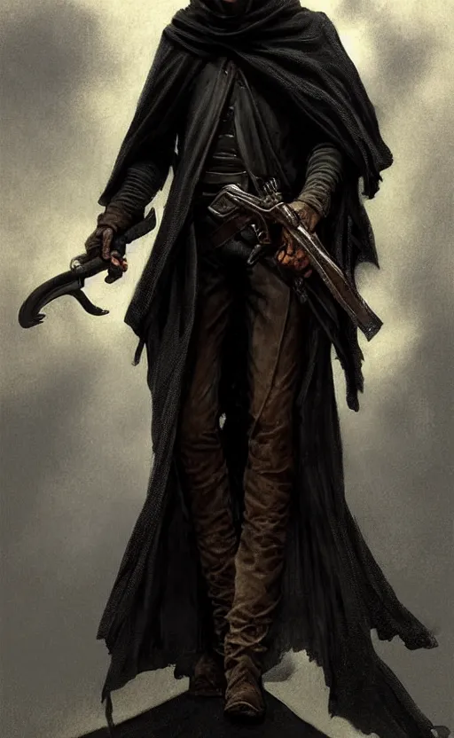 Image similar to Thin roguish cowboy man wearing a black cloak made of very thousands of thin strips of cloth that decay into mist. Holding a revolver. fantasy, highly detailed, digital painting, artstation, concept art, smooth, sharp focus, illustration, art by artgerm and greg rutkowski and alphonse mucha