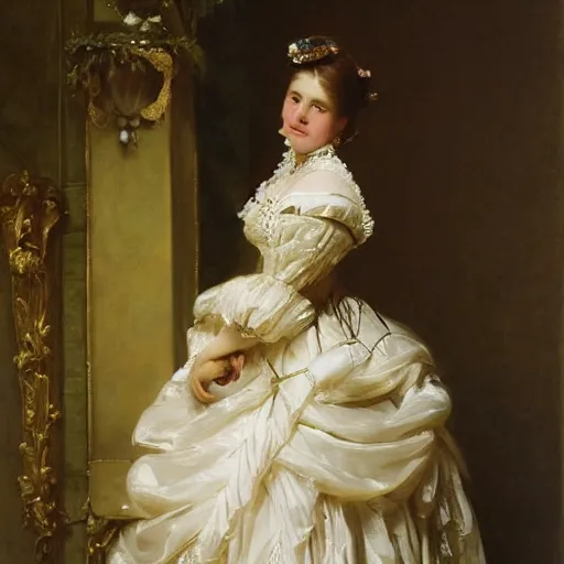 Image similar to full body portrait of a young german princess standing by a chair by Franz Xaver Winterhalter and Andreas Herman Hunæus painted in the 1860s, romanticism, vivid, fancy, beautiful face, rococo, clear, coherent