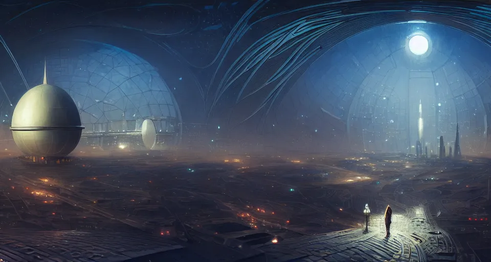 Image similar to cinematic shot, futuristic city on the moon inside a giant geodesic dome, utopian, night, stars, digital painting, artstation, concept art, smooth, sharp focus, illustration, intricate, elegant, highly detailed, in the style of greg rutkowski and alphonse mucha and artemisia, 8 k, highly detailed, jurgens, rutkowski