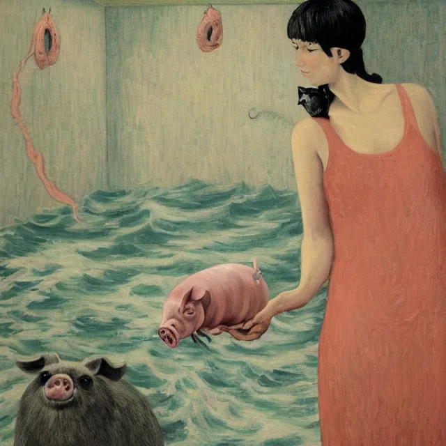 Image similar to tall female emo artist holding a pig in her flooded bathroom, octopus, water gushing from ceiling, painting of flood waters inside an artist's bathroom, a river flooding indoors, pomegranates, pigs, ikebana, water, octopus, river, rapids, waterfall, black swans, canoe, berries, acrylic on canvas, surrealist, by magritte and monet