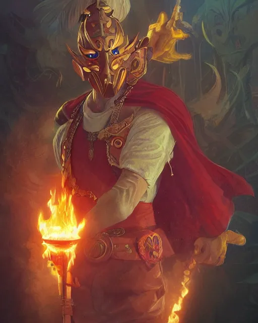 Image similar to happy mask salesman from zelda, full body photo, flames everywhere, highly detailed, digital painting, artstation, concept art, smooth, sharp focus, illustration, art by artgerm and greg rutkowski and alphonse mucha and wlop