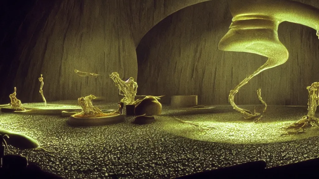 Image similar to glowing oil, in a giant vat, film still from the movie directed by denis villeneuve and david cronenberg with art direction by salvador dali and dr. seuss