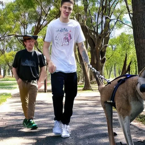 Image similar to Pete Davidson!!!, Walking a kangaroo on a leash, photo