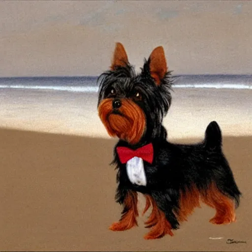 Prompt: a Yorkshire terrier at the beach wearing a bow tie, extremely detailed masterpiece, illustration, by Michael Sowa,