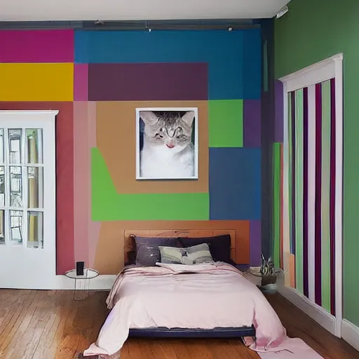 Image similar to color studio photo of a cats filled floor to ceiling in a bedroom