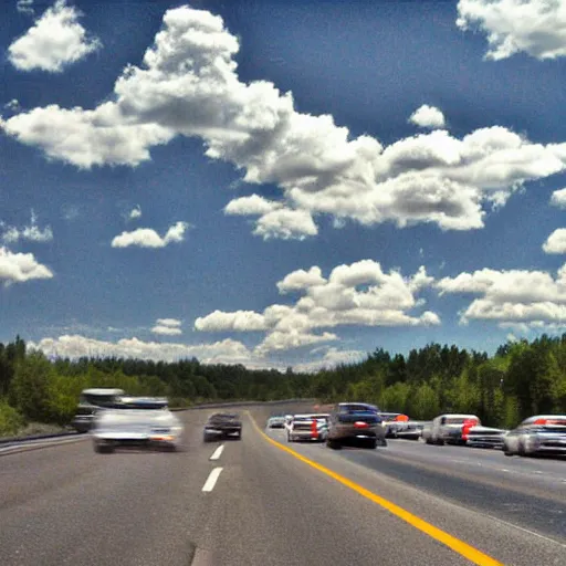 Image similar to photo, 5 0 mm, interstate traffic jam, scattered clouds, midday sun,