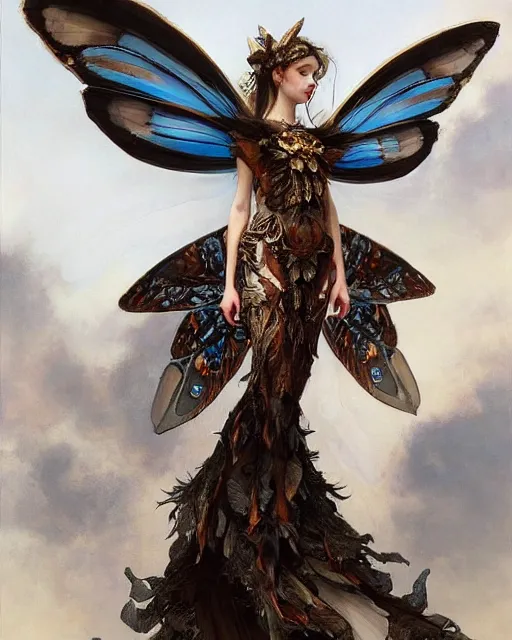 Image similar to Moth Fairy Maiden with large moth like wings wearing ornate dress by Ruan Jia and Andrei Riabovitchev, featured on Artstation, Hyperdetailed, stylized, realistic oil on linen, masterpiece, fantasycore, dark Academia