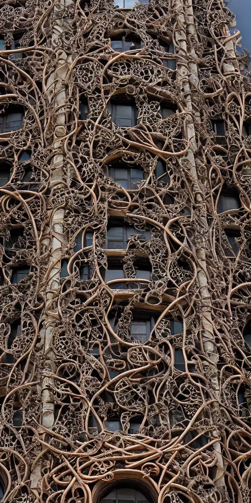 Prompt: a professional photograph of a very beautiful beautiful modern building by Louis Sullivan and H.R. Giger covered in copper and ironwork vines, deep crevices of stone, Chiaroscuro, layers of colorful reflections, rusticated stone base, rusticated stone base, rusticated stone base, a dramatic sky, crowds of people climb the building, a dramatic sky, crowds of people , Sigma 75mm, ornate, very detailed, Symmetrical composition, centered, intricate, panoramic, Dynamic Range, HDR, chromatic aberration, Orton effect, 8k, photo by Marc Adamus, painting by Jeremy Mann, cinematic, vignette, vignette tilt-shift, bokeh , artstation