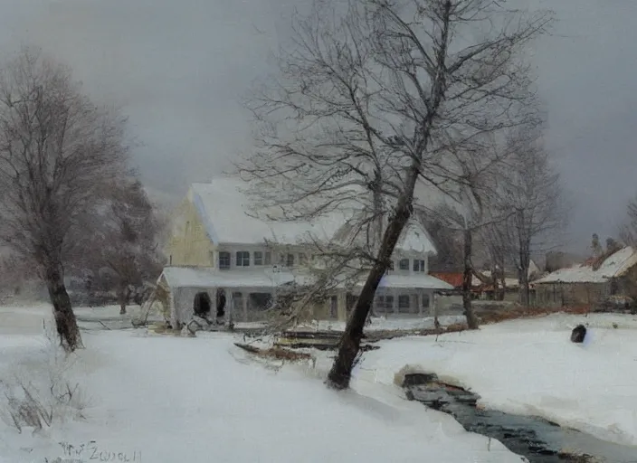 Prompt: oil painting of swedish house in snow landscape, by anders zorn, by greg rutkowski