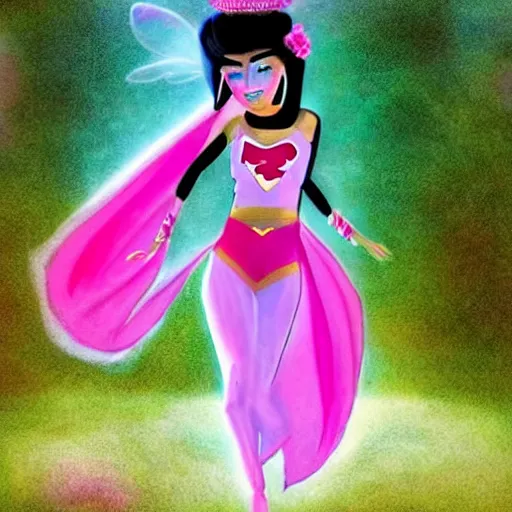 Prompt: ! dream dakini as a modern fairy wearing a pink outfit, flying in the style of superman alongside penguins.