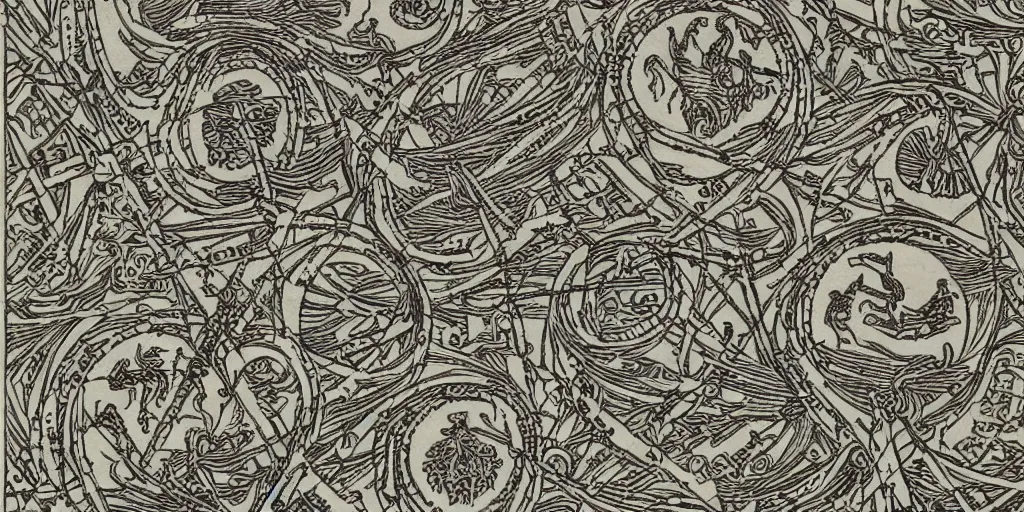 Image similar to scan of old symmetrical patterned wallpaper showing hay creatures and cryptic occult alpine symbols and dolomites, wood engraving