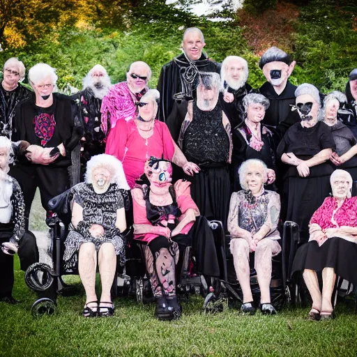 Image similar to an old age home for geriatric satan goths. photograph group portrait.