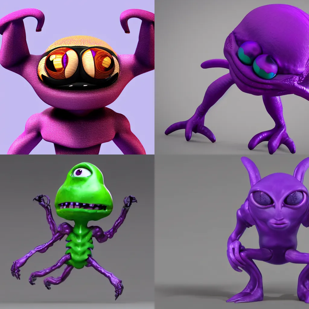 Prompt: purple alien creature with 6 legs and 3 eyes character concept art 3d render