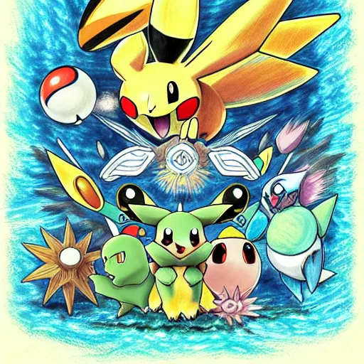 Image similar to pokemon portrait drawn by child, album cover art, conceptual mystery pokemon, intricate detailed painting, illustration sharp detail, manga 1 9 9 0