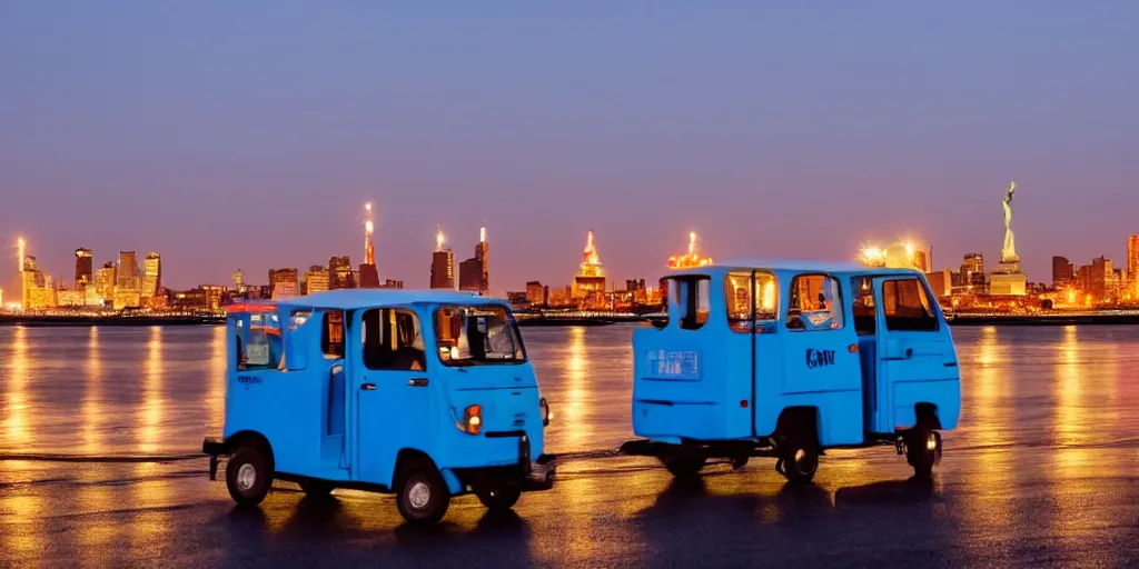 Prompt: a lonely blue tuk tuk with the statue of liberty in the background, night, full color