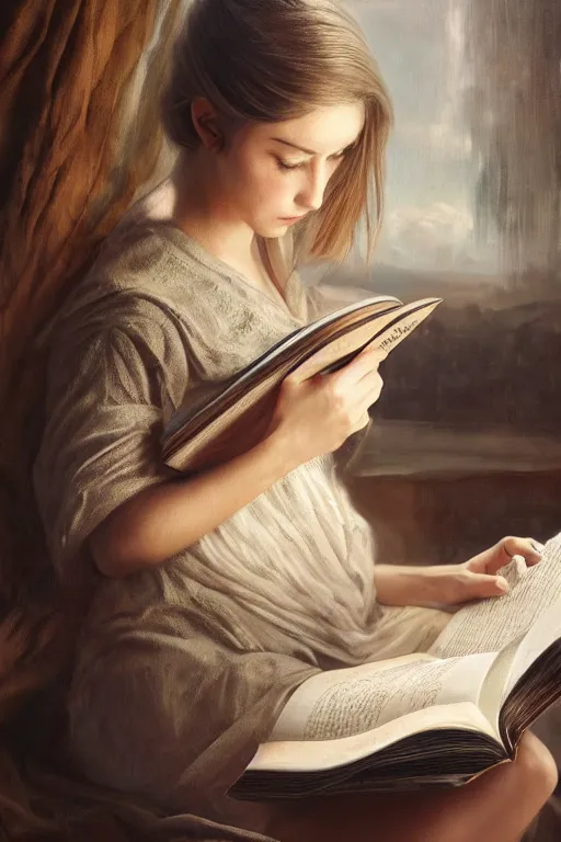 Image similar to a girl reading a book, hair flowing down, oil on canvas, intricate, 8 k highly professionally detailed, hdr, cgsociety