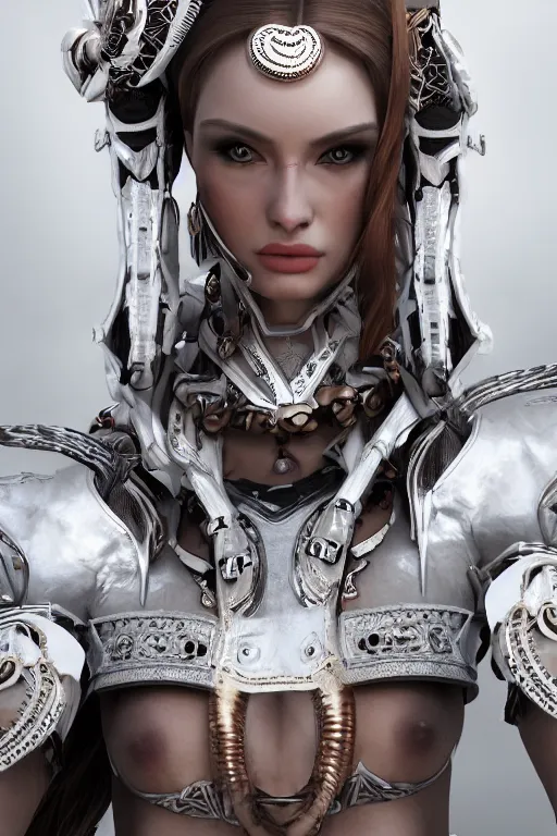 Prompt: white cyborg fashion shot, maasai warriors, copper spiral hair decorations, white elegant baroque design, pretty face, punk hair, photorealistic, 8k, hyper detailed, unreal engine, trending on artstation,