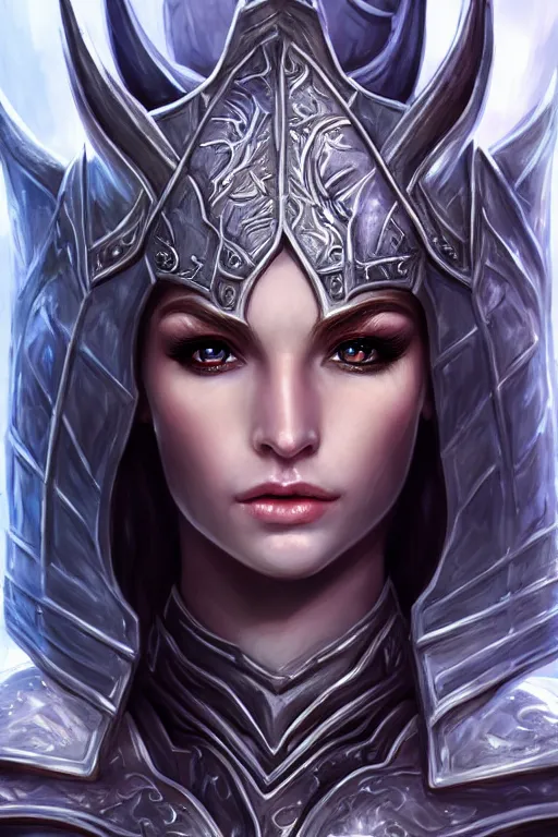 Prompt: head and shoulders portrait of an eldritch knight, elf, beautiful, female, breastplate, magical, high fantasy, d & d, by artgerm, face details, extremely detailed, vogue fashion photo