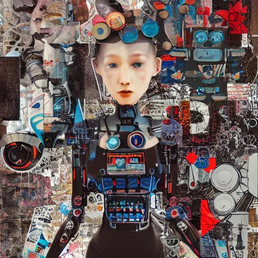 Prompt: robots working, collage art, mixed media, enchanting, part by james jean, part by ross tran, dramatic lighting, highly detailed, 8 k, vibrant