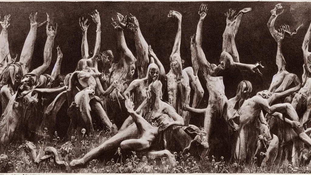 Prompt: A vintage scientific illustration from the 1970s of a Swedish cult performing a human sacrifice to the gods during the midsummer festival in Sweden in the summer on the meadows by Zdzisław Beksiński