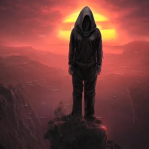 Prompt: hooded figure standing at the edge of reality gazing into the unknown, sunset on distant machine planet, steampunk, cyberpunk, detailed digital painting, smooth, sharp focus, artstation, artgerm, 4 k ultra hd, fantasy dark art