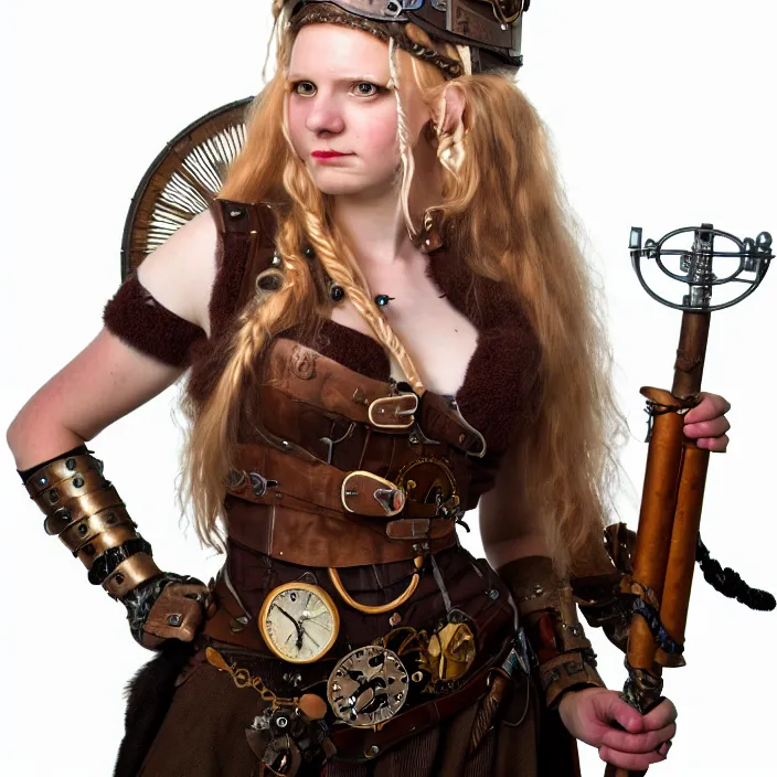 Prompt: full length portrait photograph of a real-life beautiful female steampunk viking, Extremely detailed. 8k