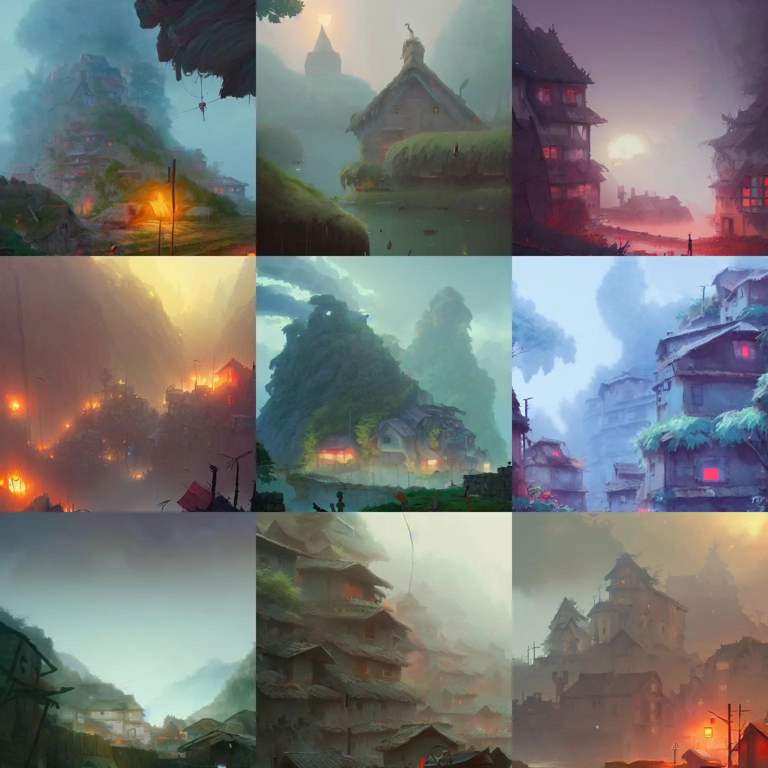 Prompt: Destroyed village in rick, fog, Studio Ghibli, animated, illustrated, vibrant, by Greg Rutkowski and Ilya Kuvshinov, artstation, oil painting, detailed, 4k, colorfull