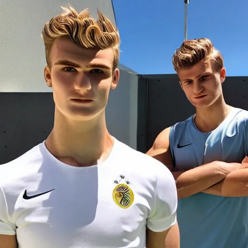 Image similar to a realistic detailed photo of a guy who is an attractive humanoid who is half robot and half humanoid, who is a male android, soccer players martin ødegaard & timo werner, shiny skin, posing like a statue, blank stare, by the pool, on display, showing off his muscles