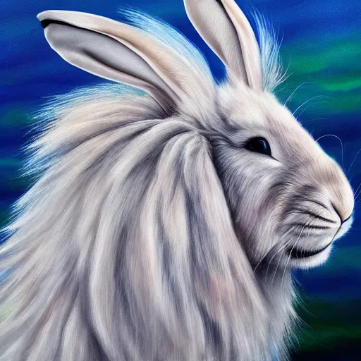 Prompt: profile view of cute fluffy white lop eared bunny rabbit with long colorful flowing lion mane blowing in the wind with mohawk top hairstyle hybrid animal detailed painting 4 k