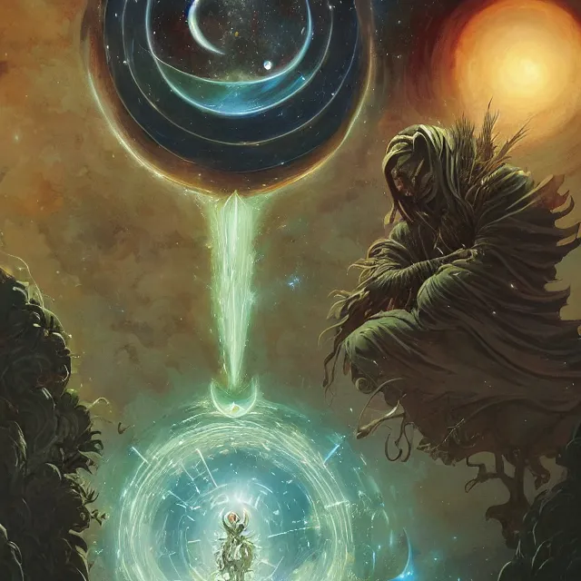 Prompt: a circle of druids conjuring the cosmos into existence by greg rutkowski and frank frazetta and peter mohrbacher and william blake and dan mumford