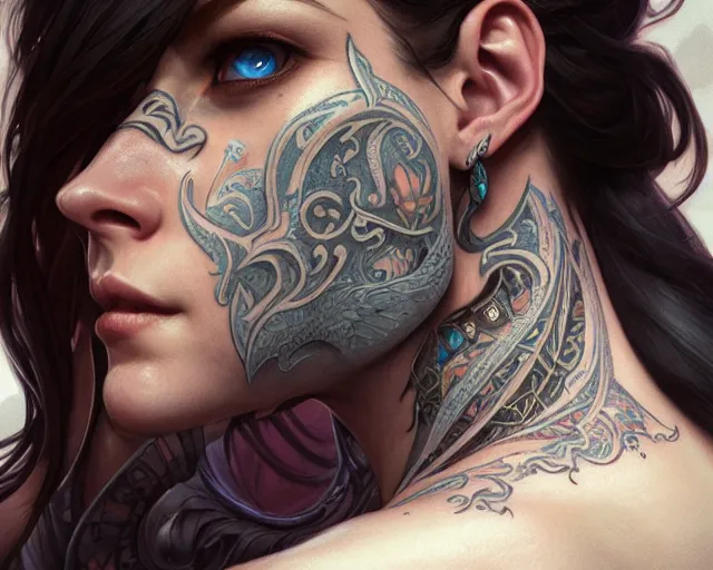 Image similar to neck tattoo, deep focus, d & d, fantasy, intricate, elegant, highly detailed, digital painting, artstation, concept art, matte, sharp focus, illustration, hearthstone, art by artgerm and greg rutkowski and alphonse mucha