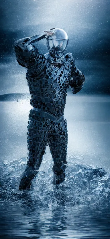 Image similar to suit of armor made of liquid, rising up from lake, water armor, norway fjord, medium close up portrait, water armor, studio lighting, stormy seas, beautiful, bokeh, snowy, storm clouds, god rays, d & d, fantasy, elegant, low key color palette, concept art, roger deakins and greg rutkowski and alphonse mucha