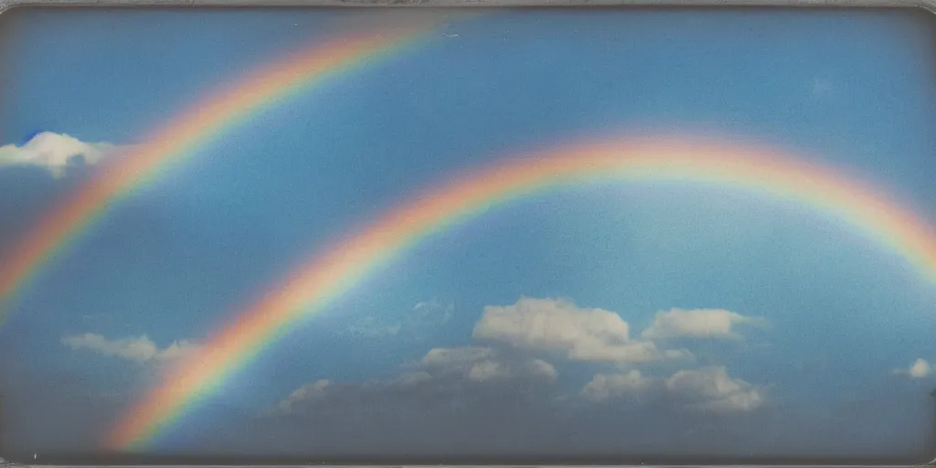 Image similar to polaroid photo of a single rainbow in the sky, clouds in the background, light blue sky, slight color bleed from the rainbow