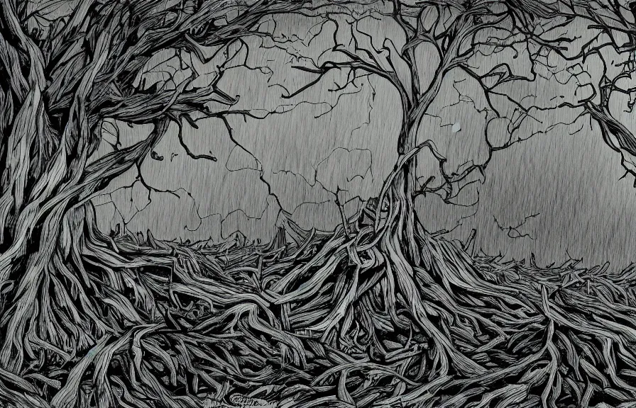 Image similar to dark dead forest filled with toxic waste, dark stormy sky, comic illustration